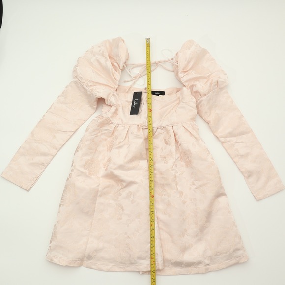 Lulus Pink Floral Jacquard Puff Sleeve Square Neck Tie Back Mini Dress NWT - Picture 8 of 11